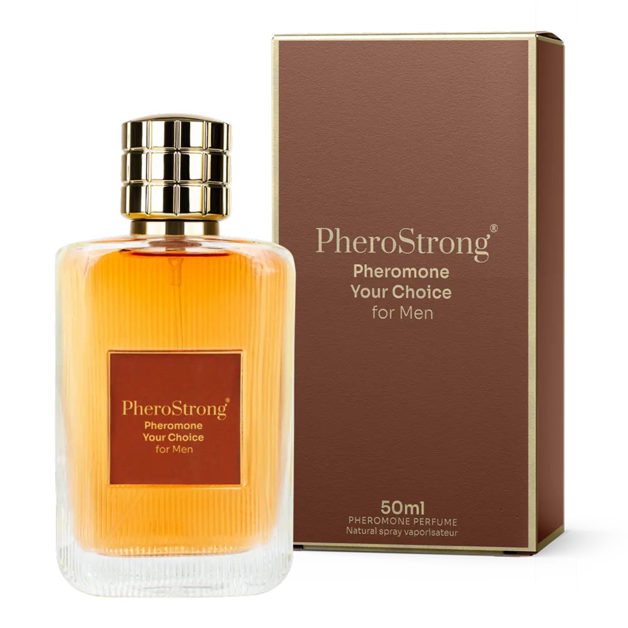 Parfümflasche und Verpackung. Auf der Flasche und Verpackung steht PheroStrong Pheromone Your Choice für Männer.