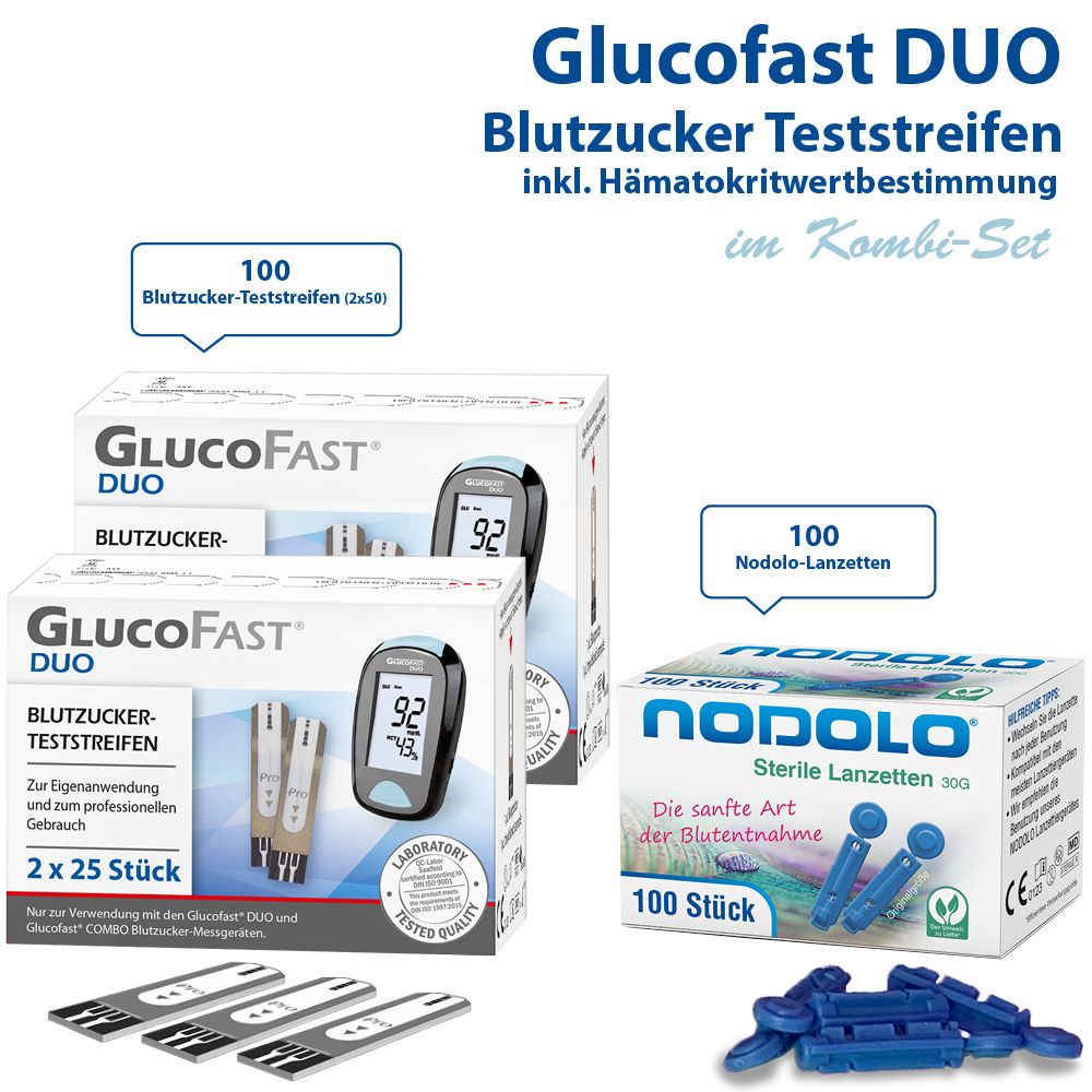 Glucofast Duo 2 x Blutzucker-Teststreifen und Nodolo Lanzetten im Kombiset