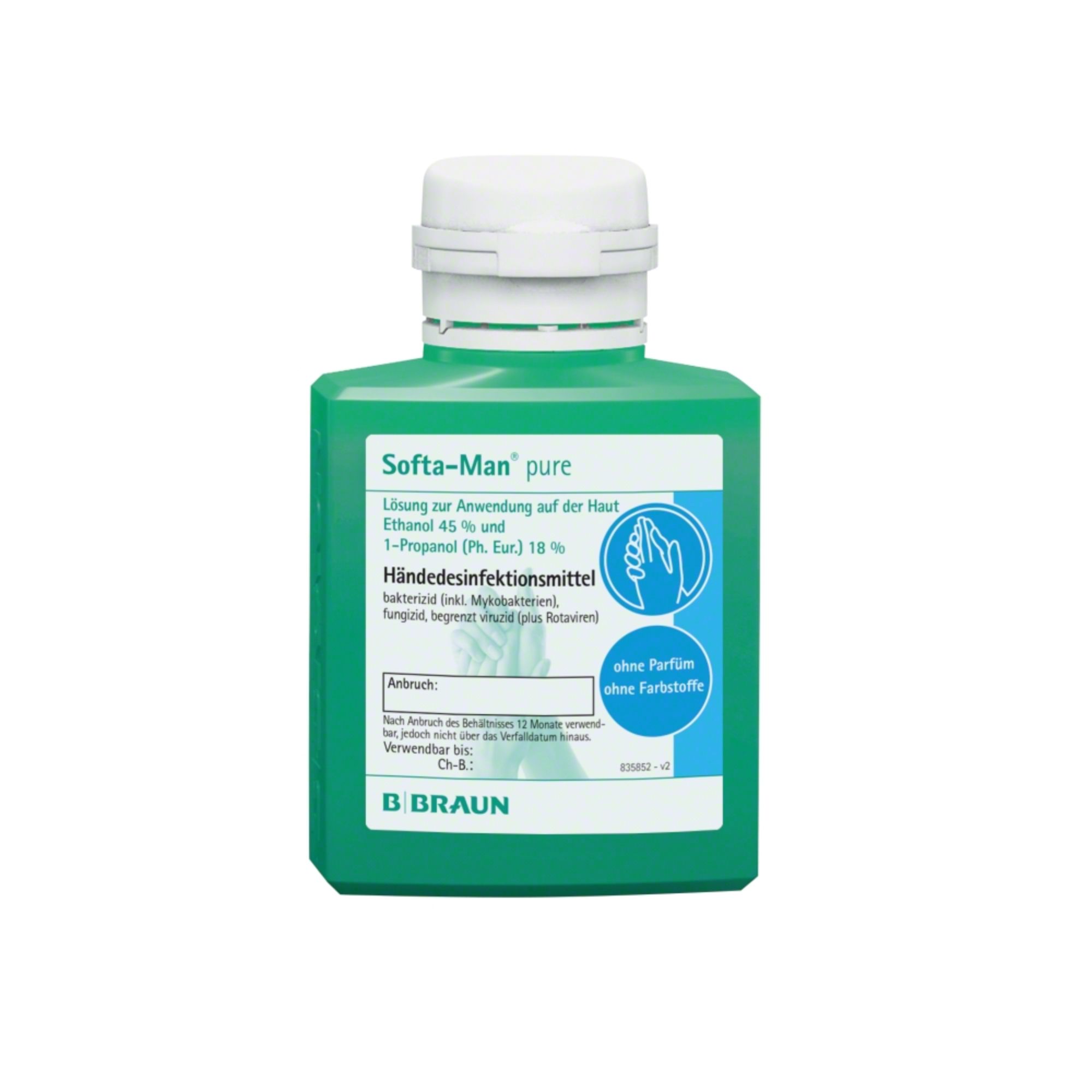 Grüne Flasche mit weißem Deckel. Aufschrift: Softa-Man pure, Händedesinfektionsmittel. Marke B. Braun.