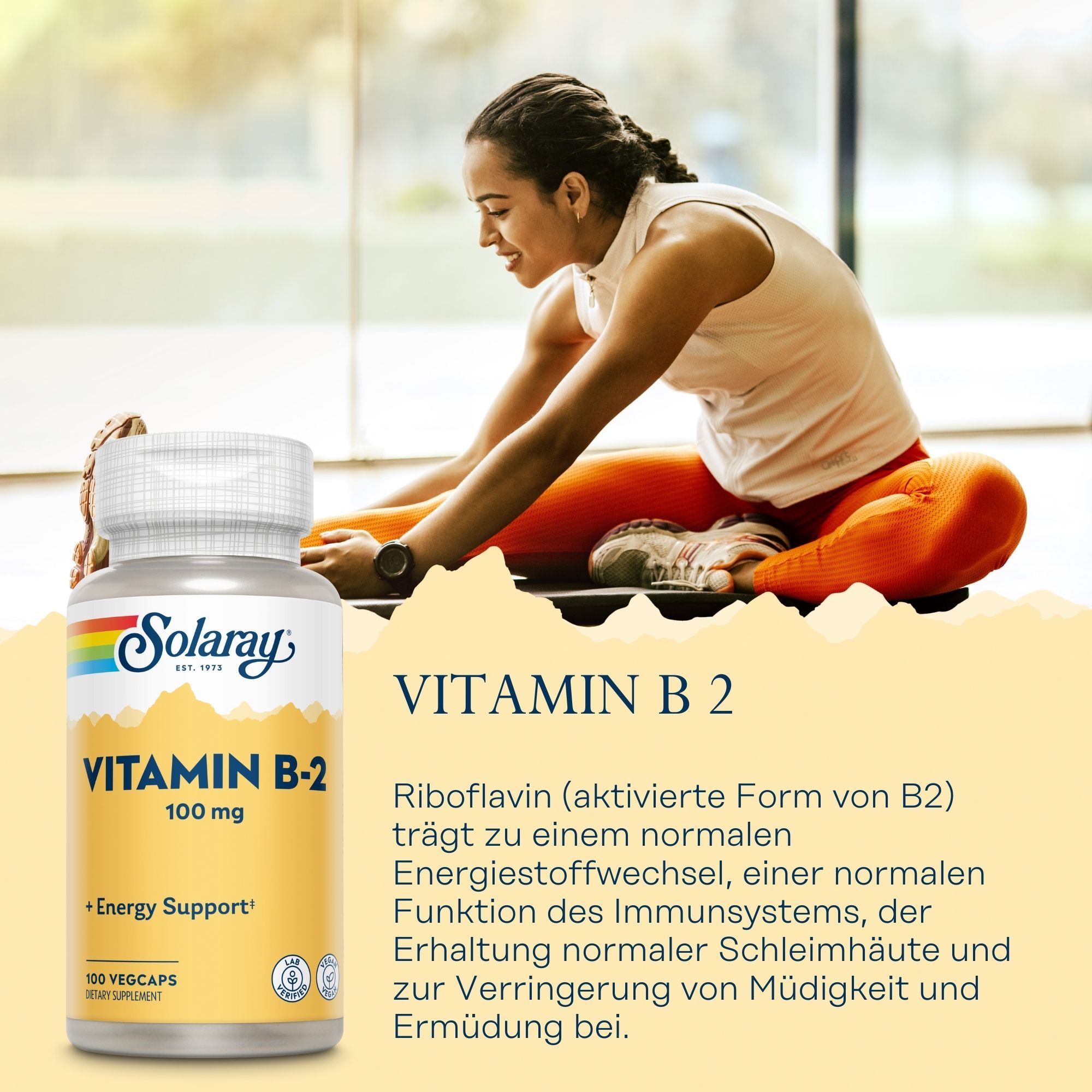 Solaray Vitamin B-2 100 mg Flasche. Gelbes Etikett mit Regenbogen und Text. Frau dehnt sich im Hintergrund.