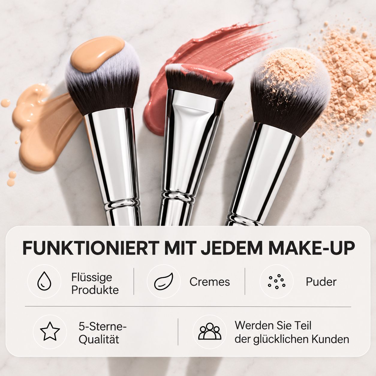 Drei Kosmetikpinsel mit flüssigem Make-up, Creme und Puder.