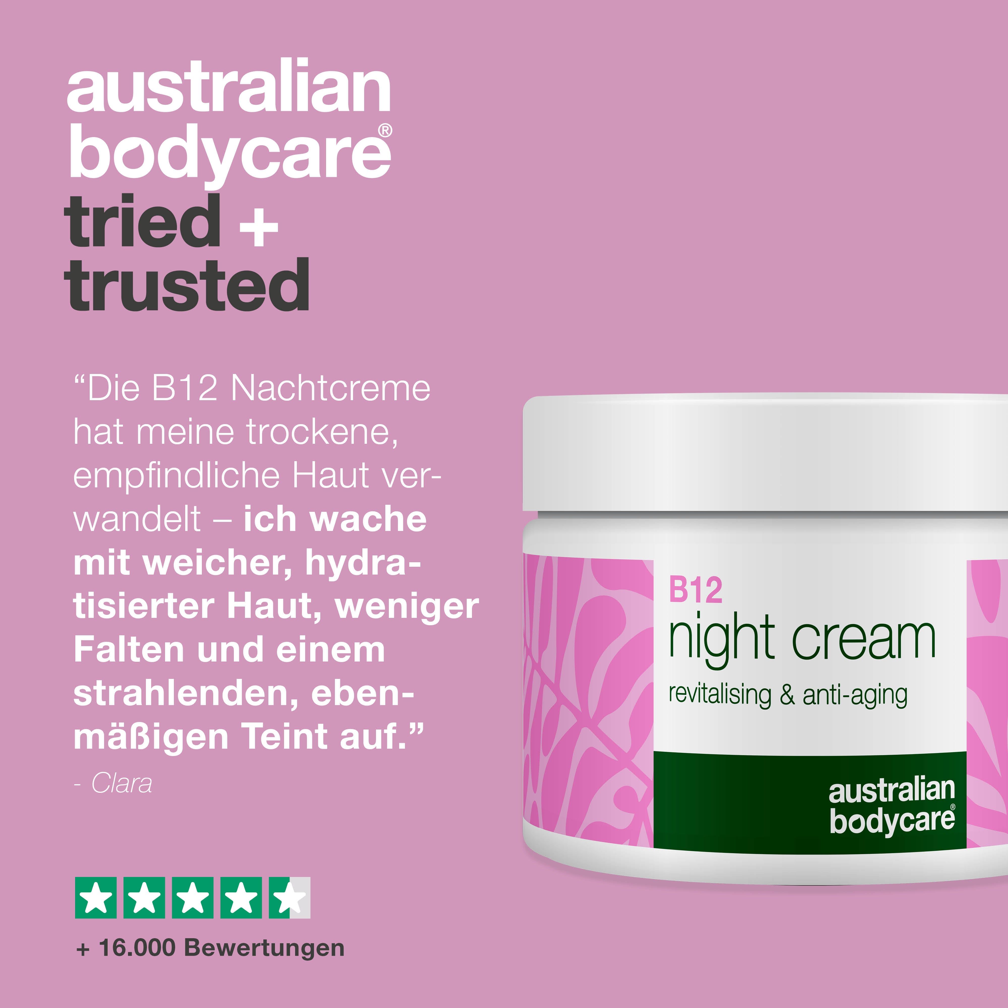 Creme-Tiegel, rosa Hintergrund. Text: Getestet und bewährt. Zitat und Sterne.