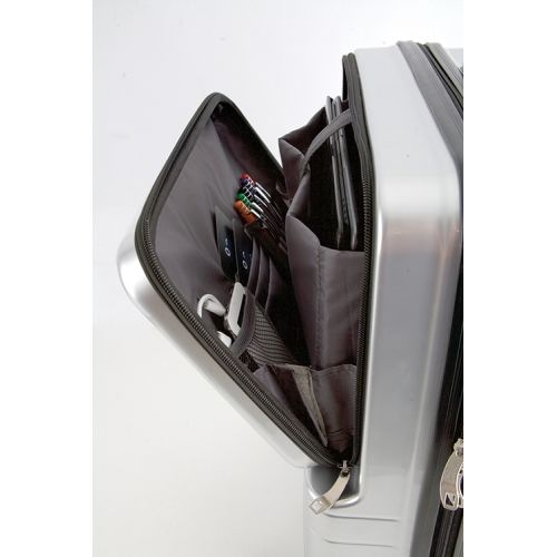 Detailansicht des Trolley-Innenraums. Mehrere Fächer mit Stiften und anderen Gegenständen. Reißverschluss.