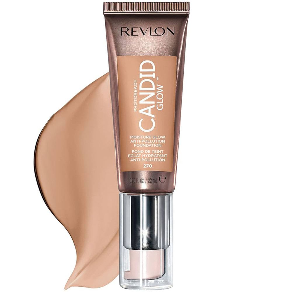 Revlon PhotoReady Candid Glow Foundation. Tube mit Produkt und Farbprobe. Text: Candid Glow, Anti-Verschmutzung.