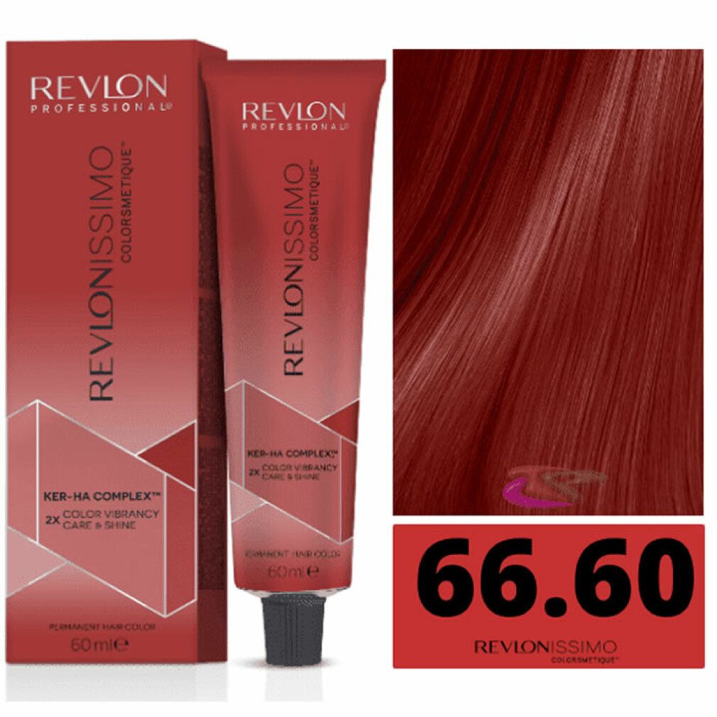 Revlonissimo Colorsmetique 66,60 Deep Red. Tube und Schachtel. Roter Farbton. Text: Ker-Ha Complex, 60ml.