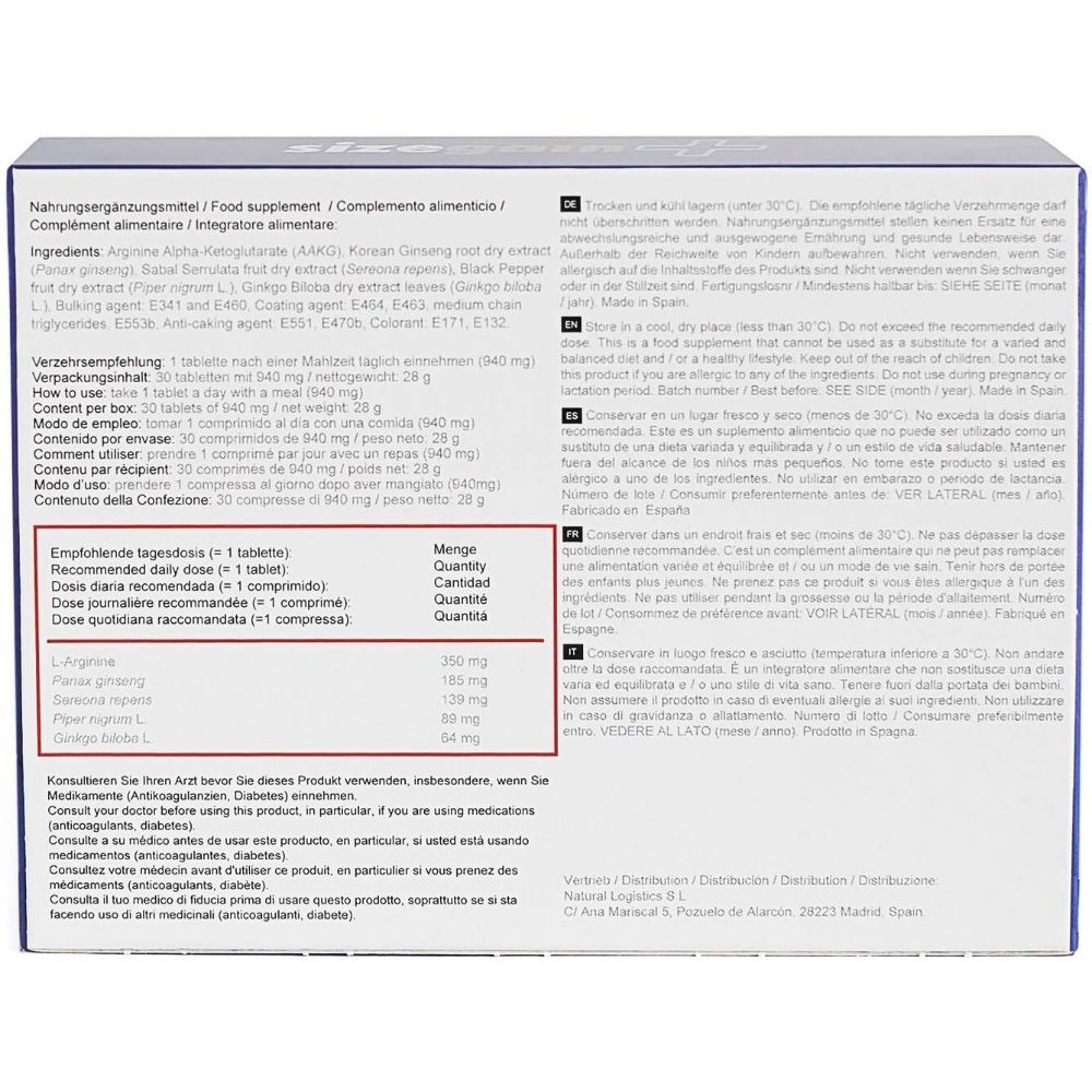 Rückseite der Verpackung "SizeGain Plus". Auflistung der Inhaltsstoffe und Dosierung. Text in mehreren Sprachen.