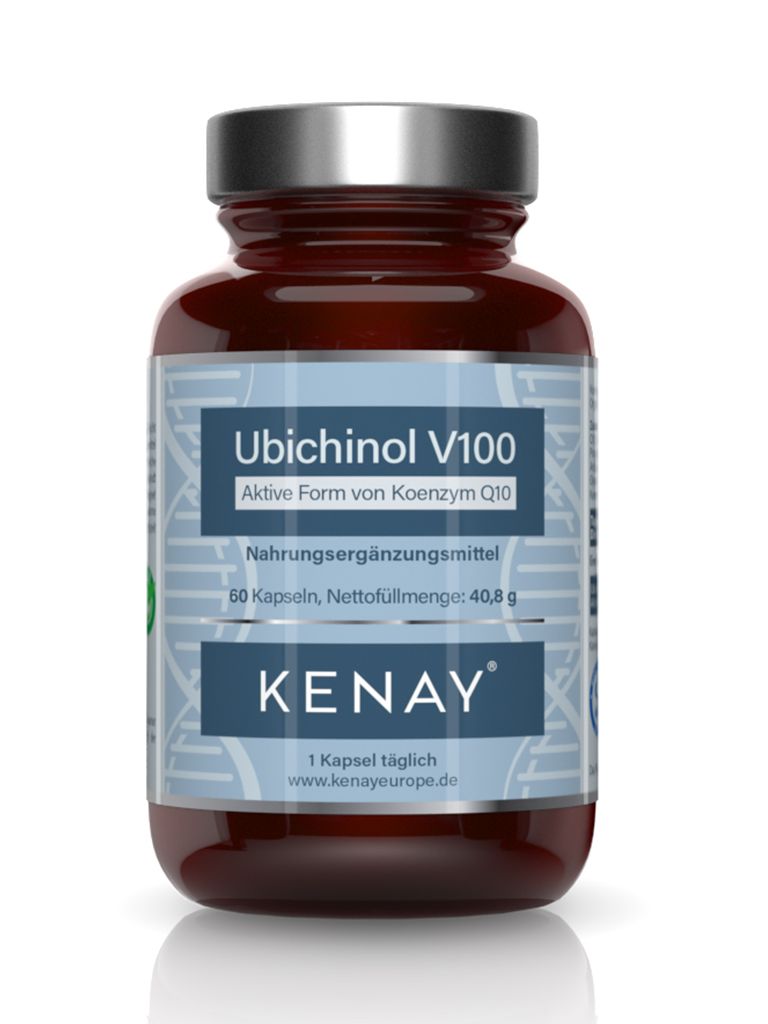 Braune Glasflasche mit Etikett. Aufschrift: Ubichinol V100, KENAY. Nahrungsergänzungsmittel. 60 Kapseln.