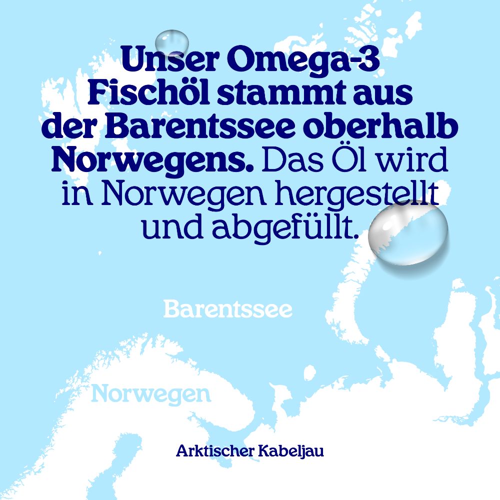 Flasche Arctic Blue Omega 3 Fischöl wird über Joghurt mit Beeren und Nüssen gegossen.