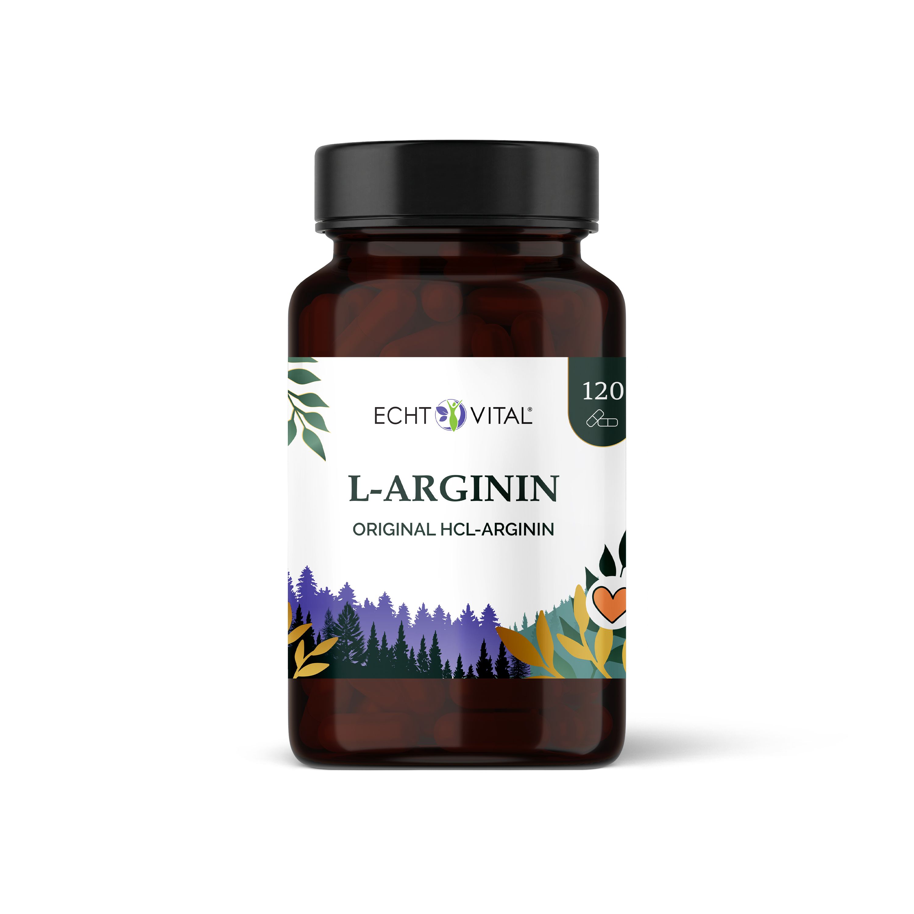 Braune Flasche mit Kapseln. Aufschrift: Echt Vital L-Arginin. 120 Kapseln. Schwarzer Deckel. Weißes Etikett.