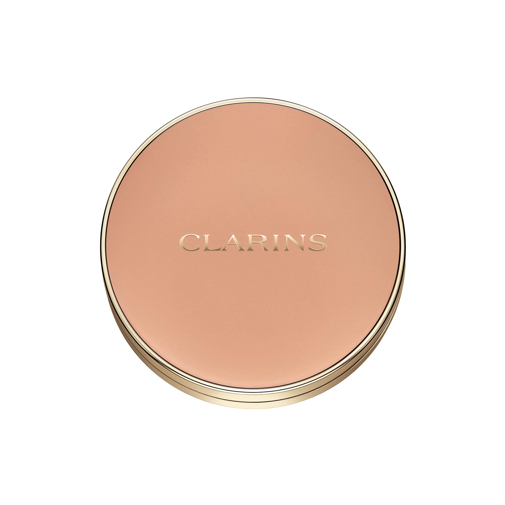 Geschlossener Kompaktpuder mit CLARINS-Logo. Runde Form, goldener Rand, helle Farbe.