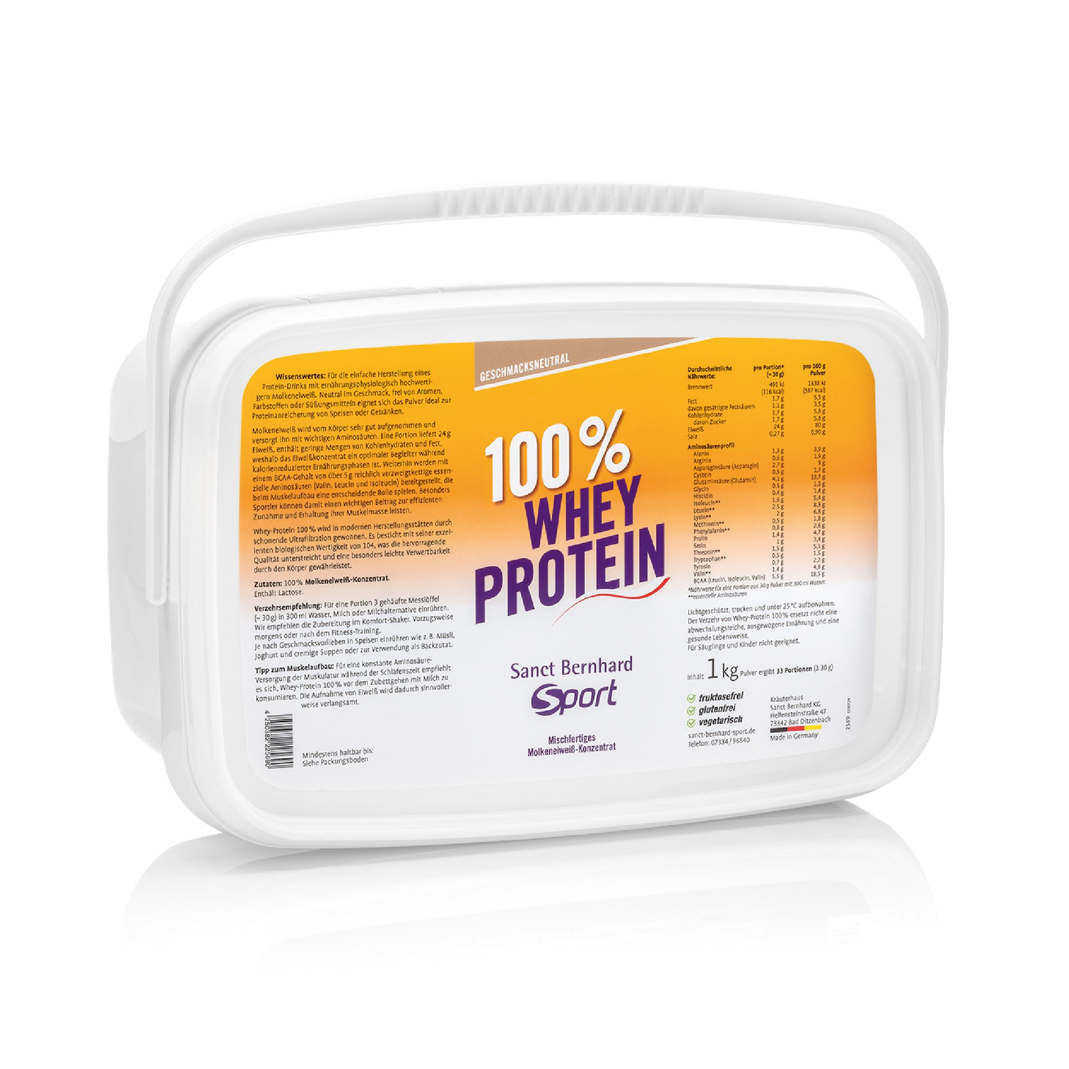 Weißer Eimer mit Text: 100 % Whey Protein, Sanct Bernhard Sport, 1 kg. Gelber Aufkleber mit Nährwertangaben.