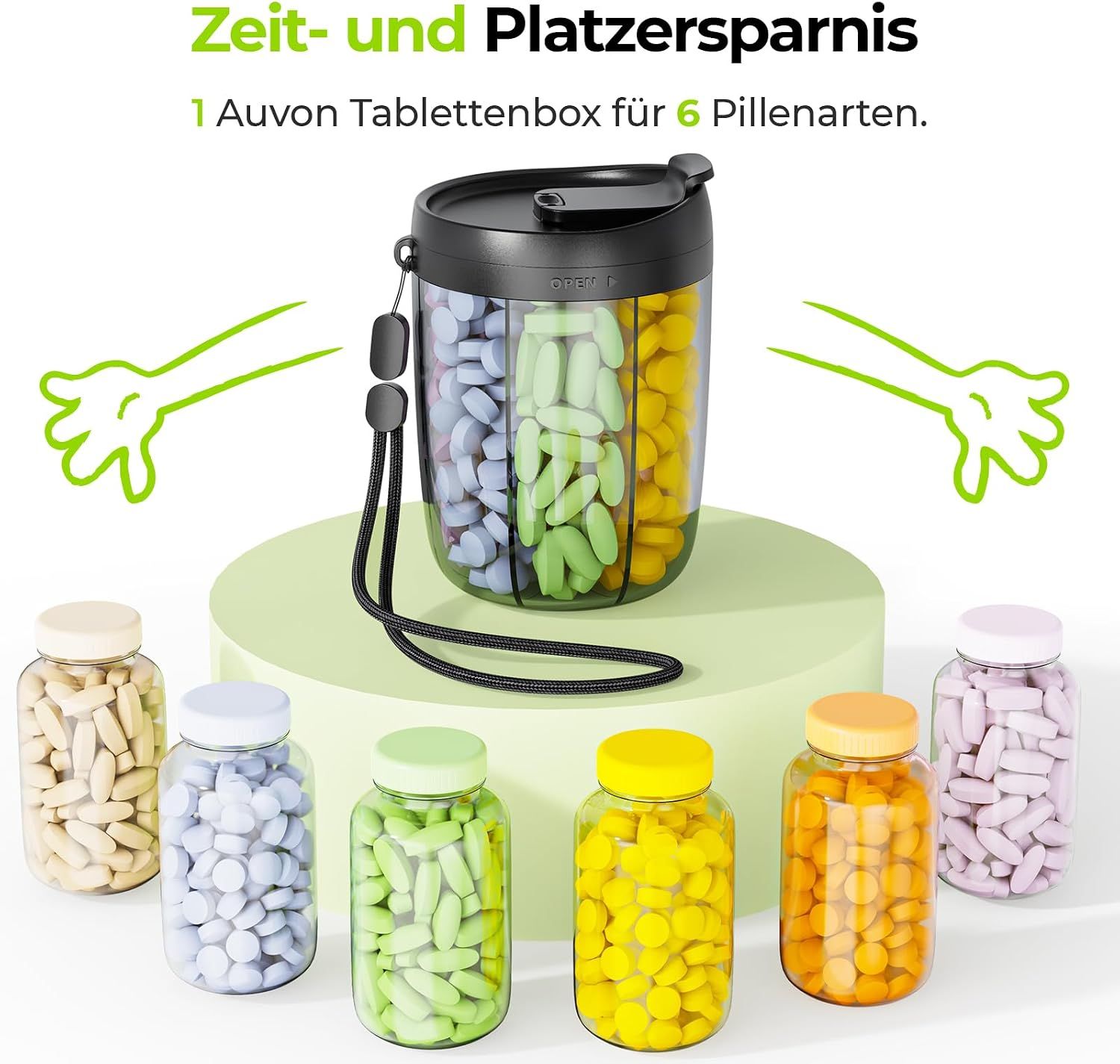 Offener Pillenbehälter mit sieben bunten Tagesfächern, beschriftet mit Wochentagen und Symbolen.