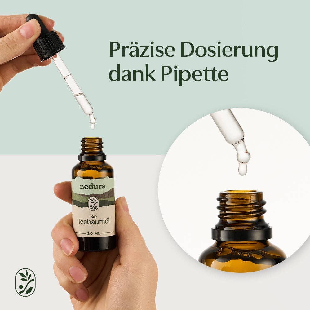 Hände halten Flasche und Pipette. Text: Präzise Dosierung dank Pipette.