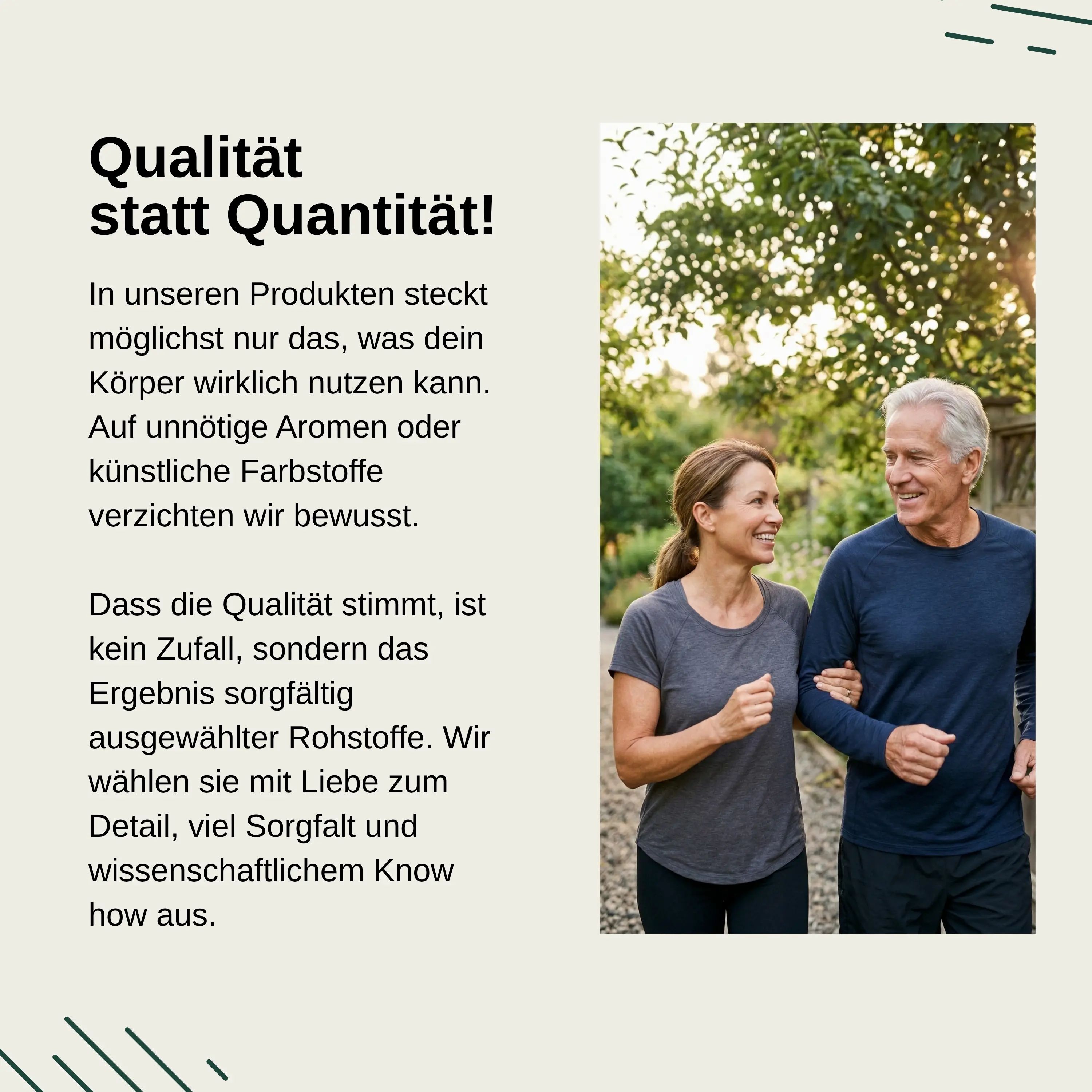 Ein älteres Paar geht lächelnd im Freien. Text betont Qualität statt Quantität bei Nahrungsergänzungsmitteln.
