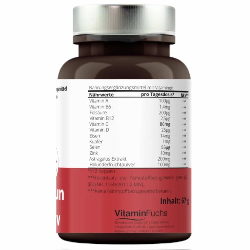 Rückseite der Flasche mit Nährwertangaben. Enthält Vitamine und Mineralstoffe. Inhalt: 67g.