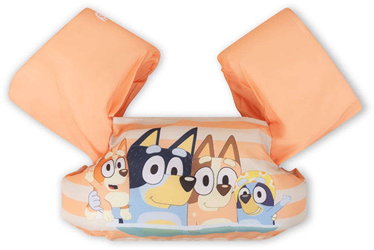 Schwimmhilfe mit Bluey-Motiv. Orangefarbene Arme und Brustteil mit Streifen und Figuren. Für Kinder.