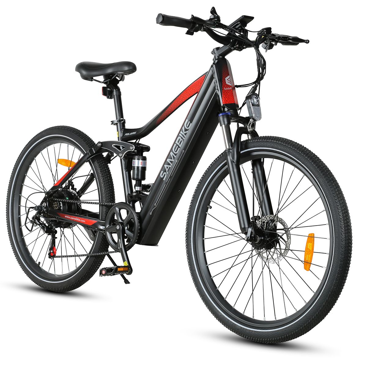 Schwarzes E-Bike mit roten Akzenten. Marke SAMEBIKE. Große Reifen, Sattel, Lenker und Pedale.