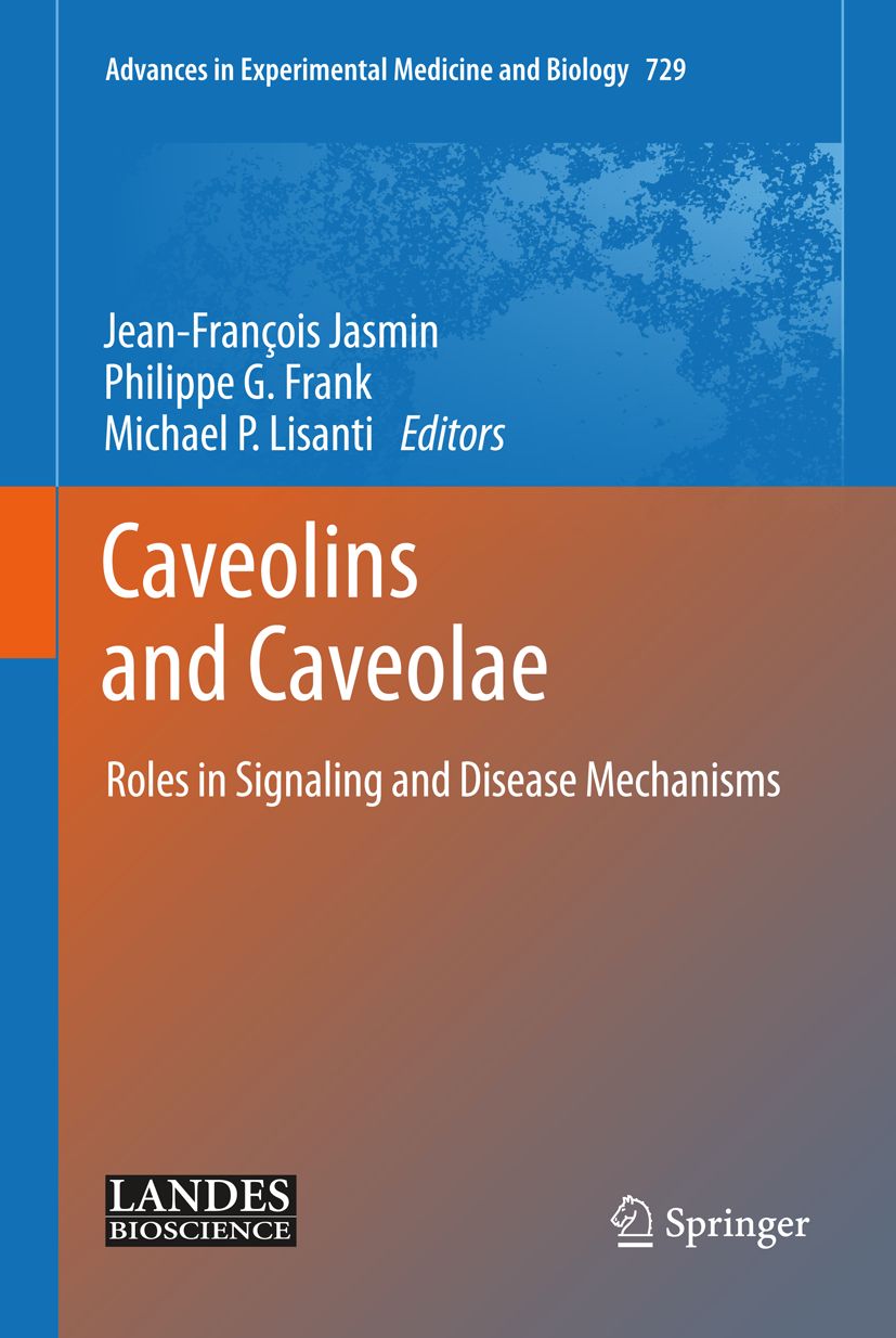 Buchcover: "Caveolins and Caveolae". Autoren: Jasmin, Frank, Lisanti. Verlag Springer. Titel in Weiß auf orangefarbenem Hintergrund.