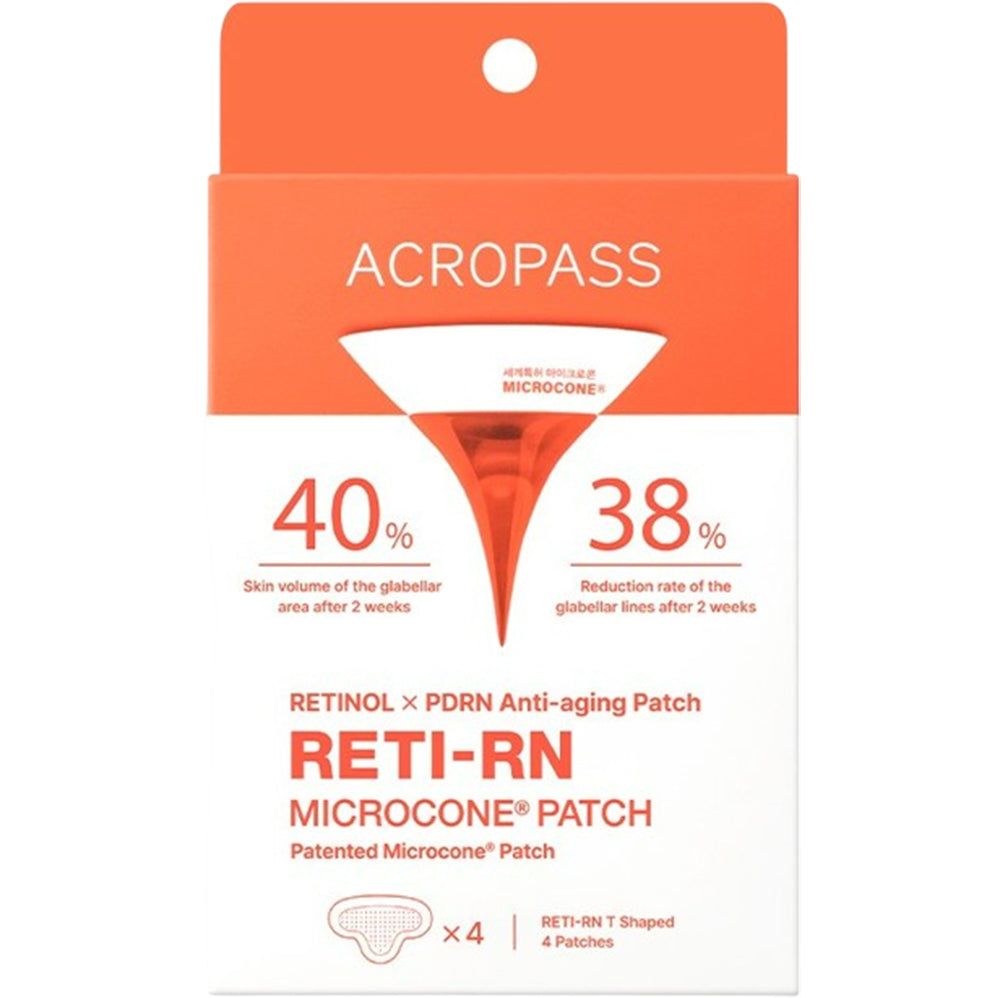 Verpackung von ACROPASS Reti-Rn Mikrokegel-Pflaster T-Shape. Aufdruck: ACROPASS, RETI-RN, Mikrokegel-Pflaster, 40%, 38%, 4 Patches.