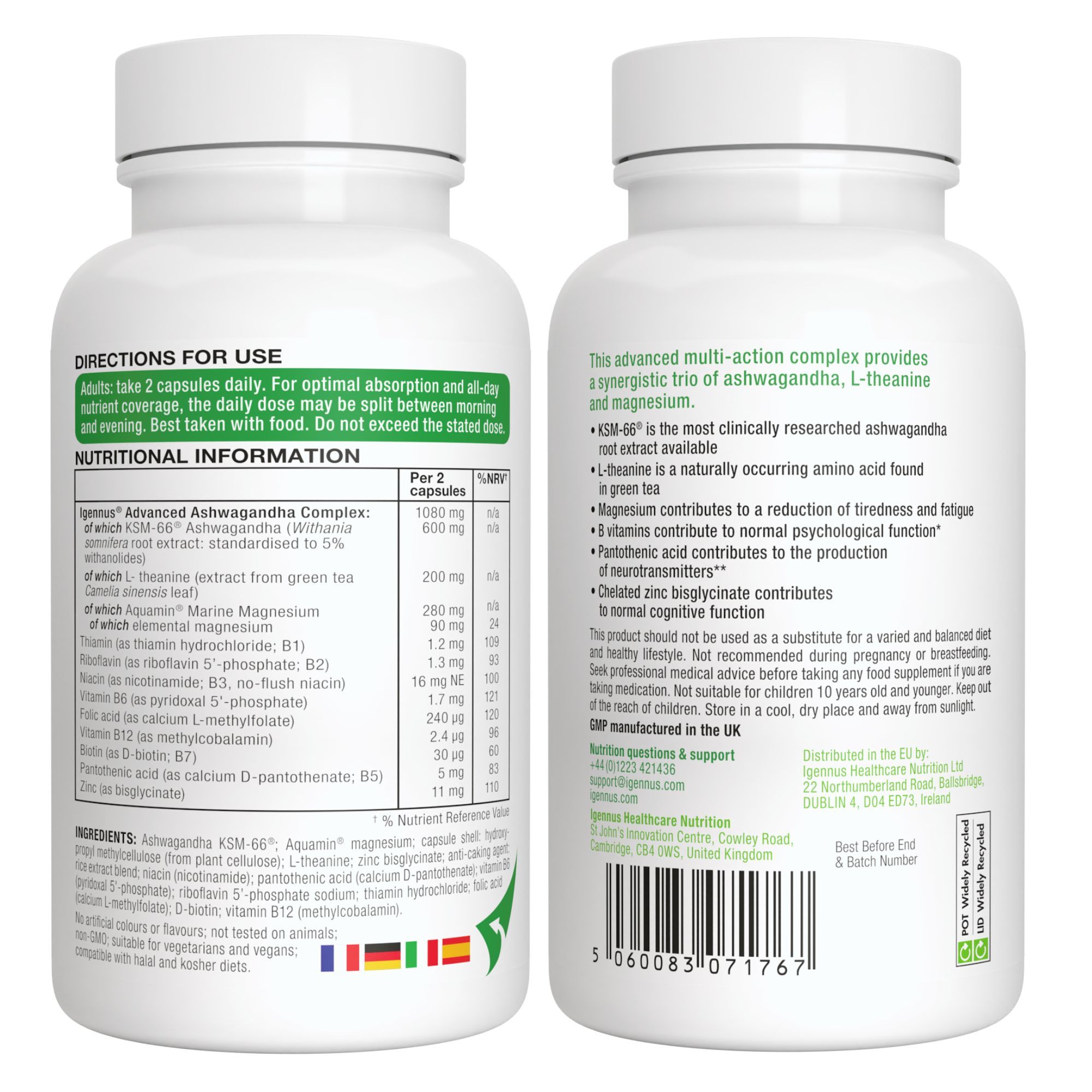 Vorder- und Rückseite der Igennus Ashwagandha Dose mit Nährwertangaben.