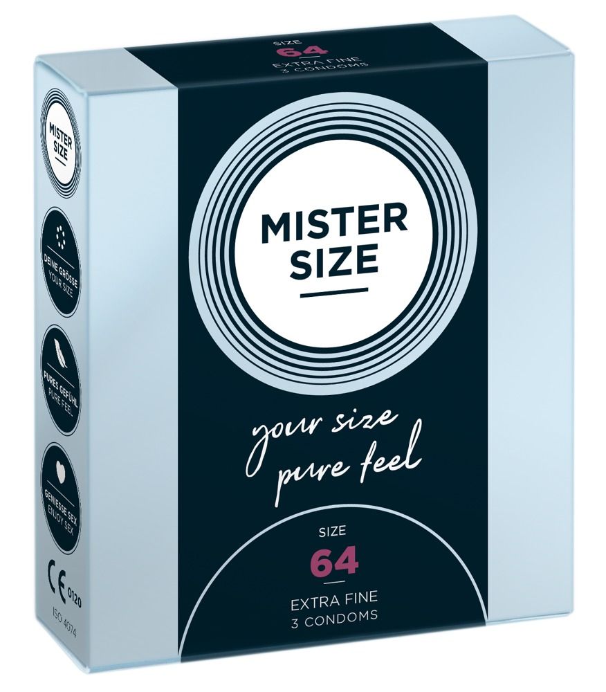 Kondom-Verpackung. Aufschrift: MISTER SIZE, 64, Extra Fine, 3 Kondome. CE-Kennzeichnung.
