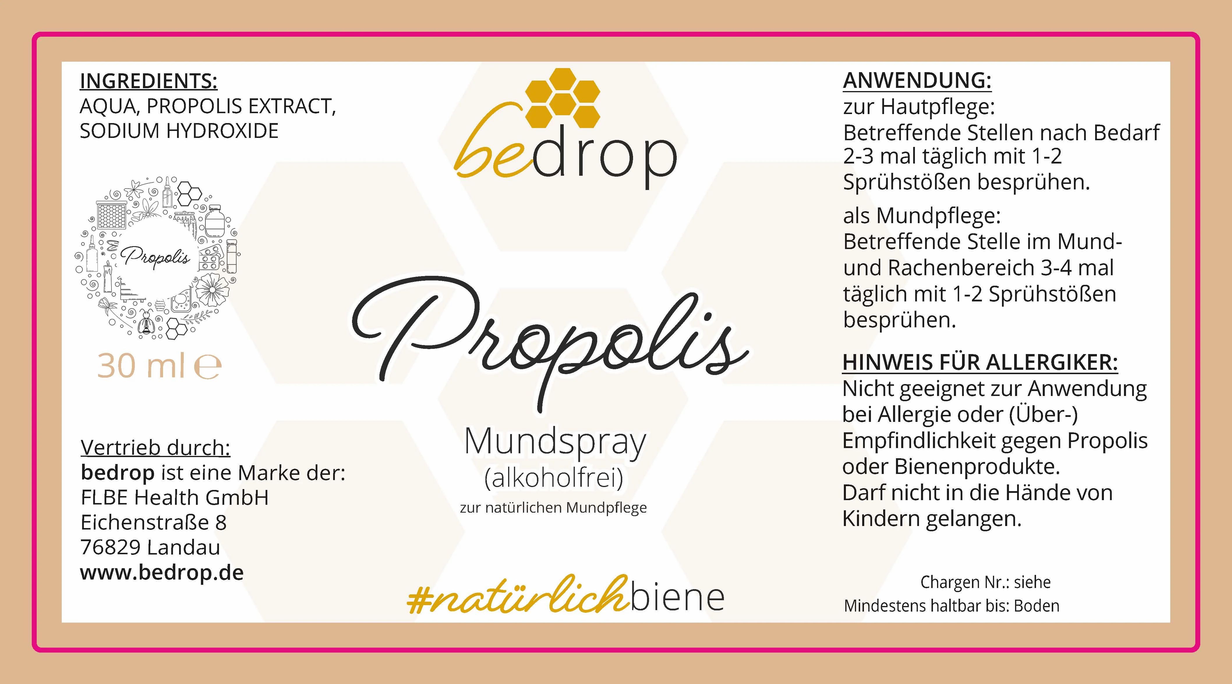 Etikett mit Produktinformationen. Aufschrift: bedrop Propolis Mundspray. Enthält Inhaltsstoffe und Anwendungshinweise.
