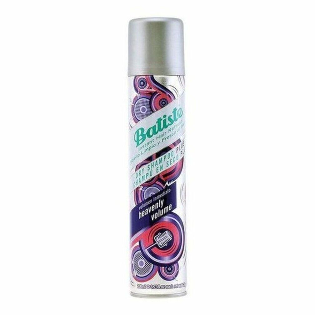 Trockenshampoo-Spraydose. Design mit lila Kreisen und Text: "Batiste", "Heavenly Volume". Silberner Deckel.