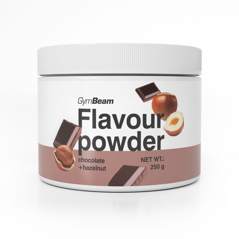 GymBeam Flavour Powder Schoko-Haselnuss, 250g Dose mit Abbildungen von Schokolade und Haselnüssen.