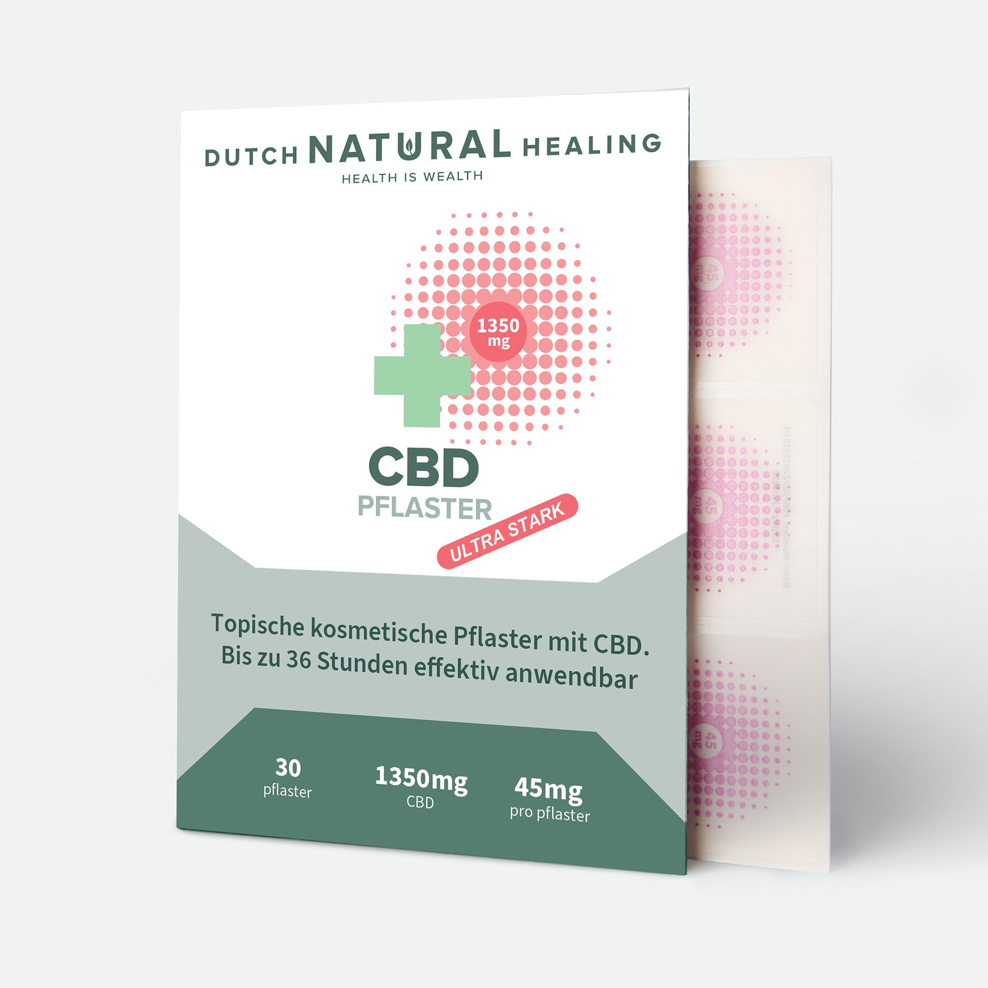 Verpackung mit CBD-Pflastern. 'Dutch Natural Healing' ist sichtbar. Enthält 30 Pflaster, 1350mg CBD, 45mg pro Pflaster.