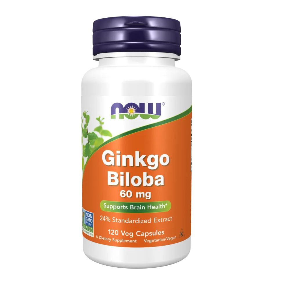 Weiße Flasche mit blauem Deckel. Aufschrift: Ginkgo Biloba 60 mg, 120 Veg Capsules. Marke: NOW.