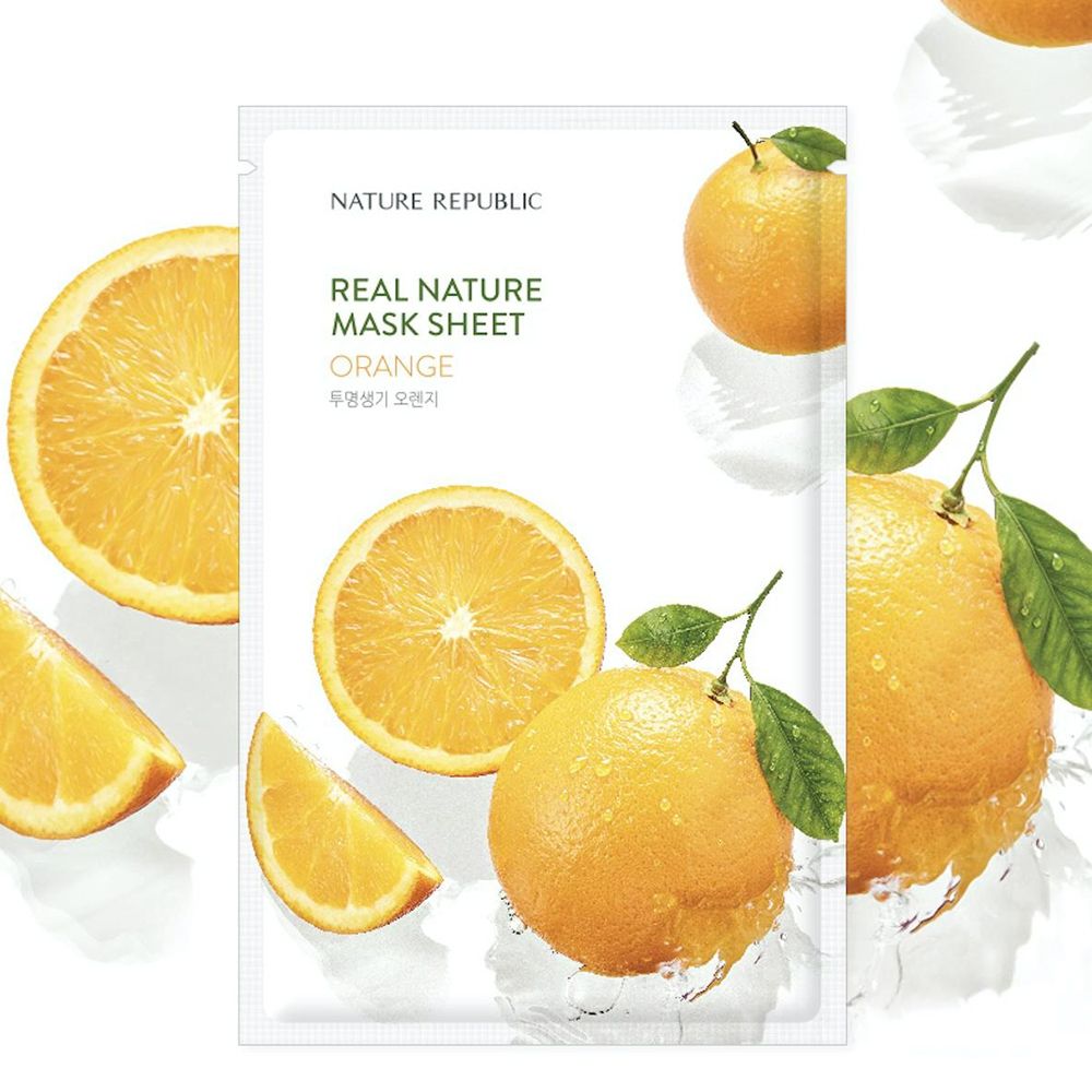 Gesichtsmaske NATURE REPUBLIC mit Orangen. Orangen, in Scheiben geschnitten und Maske.