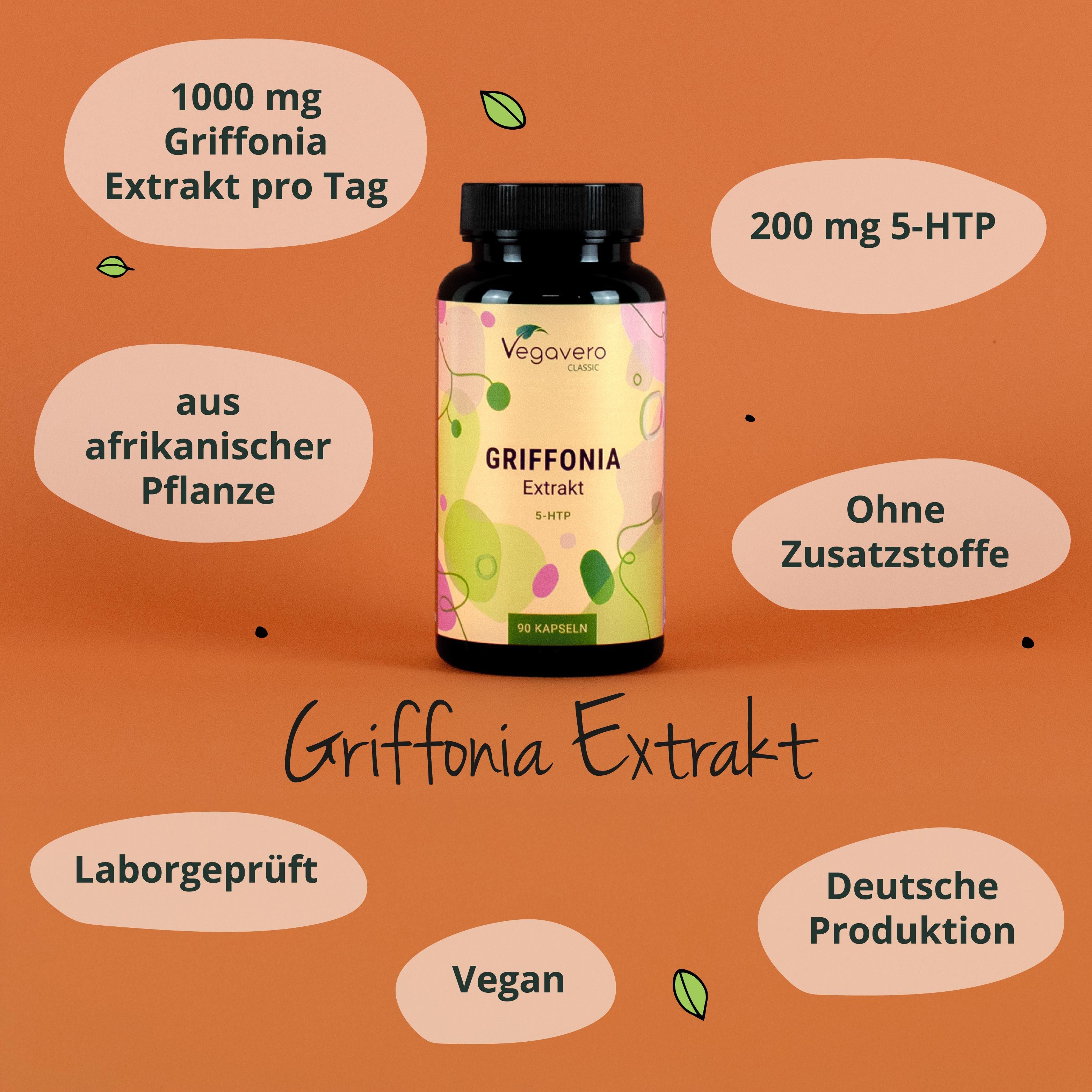 Produktflasche mit VEGAVERO Griffonia Extrakt. Aufschrift: 1000 mg Griffonia Extrakt pro Tag, 200 mg 5-HTP, aus afrikanischer Pflanze, ohne Zusatzstoffe, vegan.