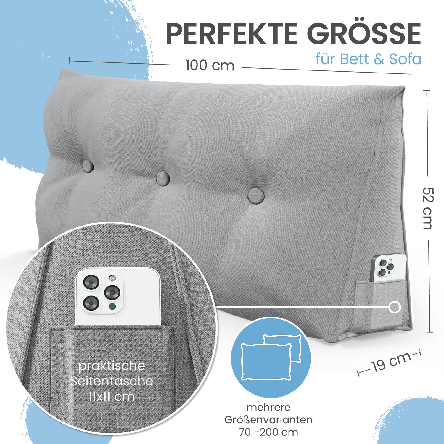 Graues Keilkissen mit Knöpfen, Seitentasche und Handy. Maße: 100x52x19 cm. Text: „PERFEKTE GRÖSSE“. Mehrere Größenvarianten.