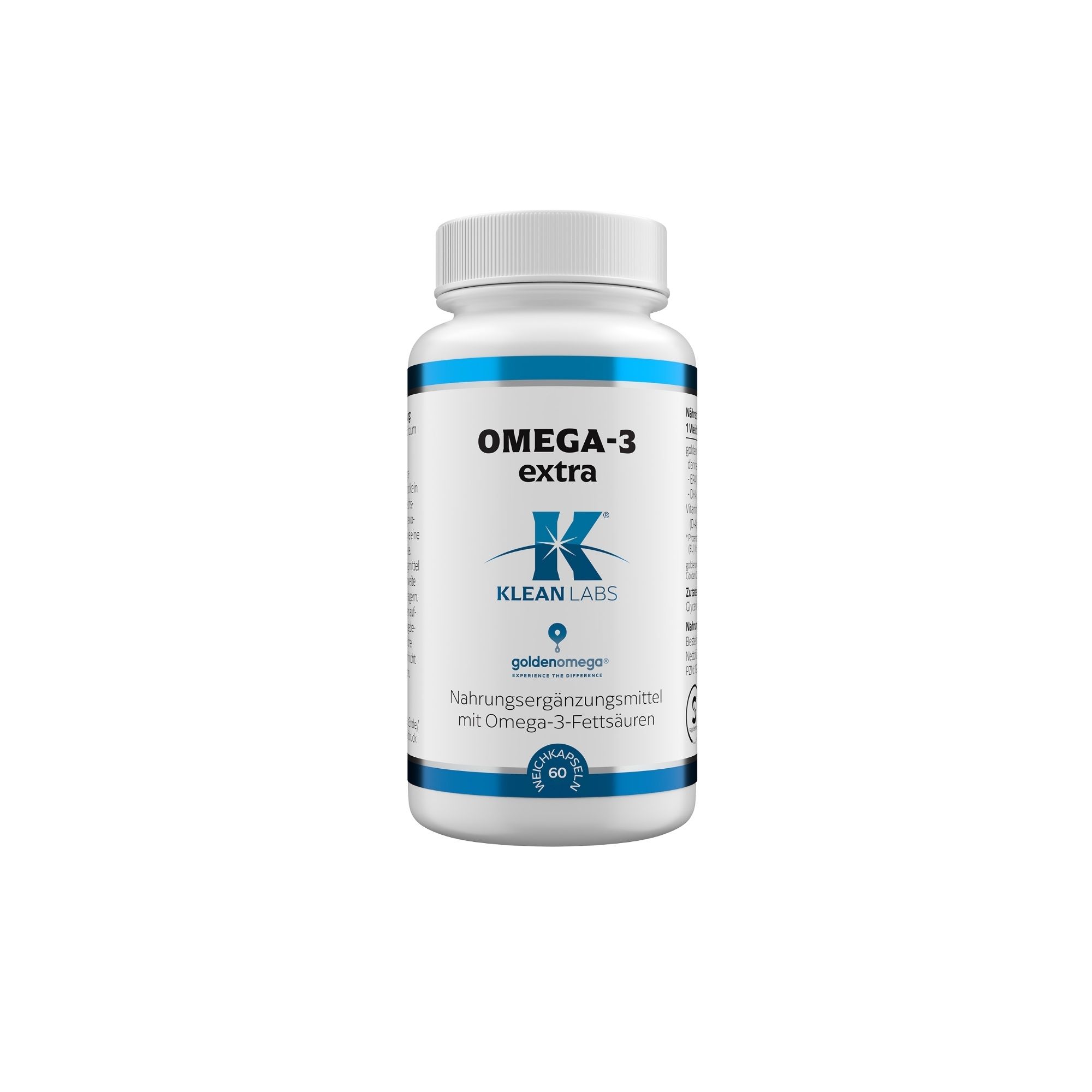 Weiße Flasche mit blauem Etikett. Aufschrift: OMEGA-3 extra, Klean Labs. Enthält 60 Kapseln. Nahrungsergänzungsmittel mit Omega-3-Fettsäuren.