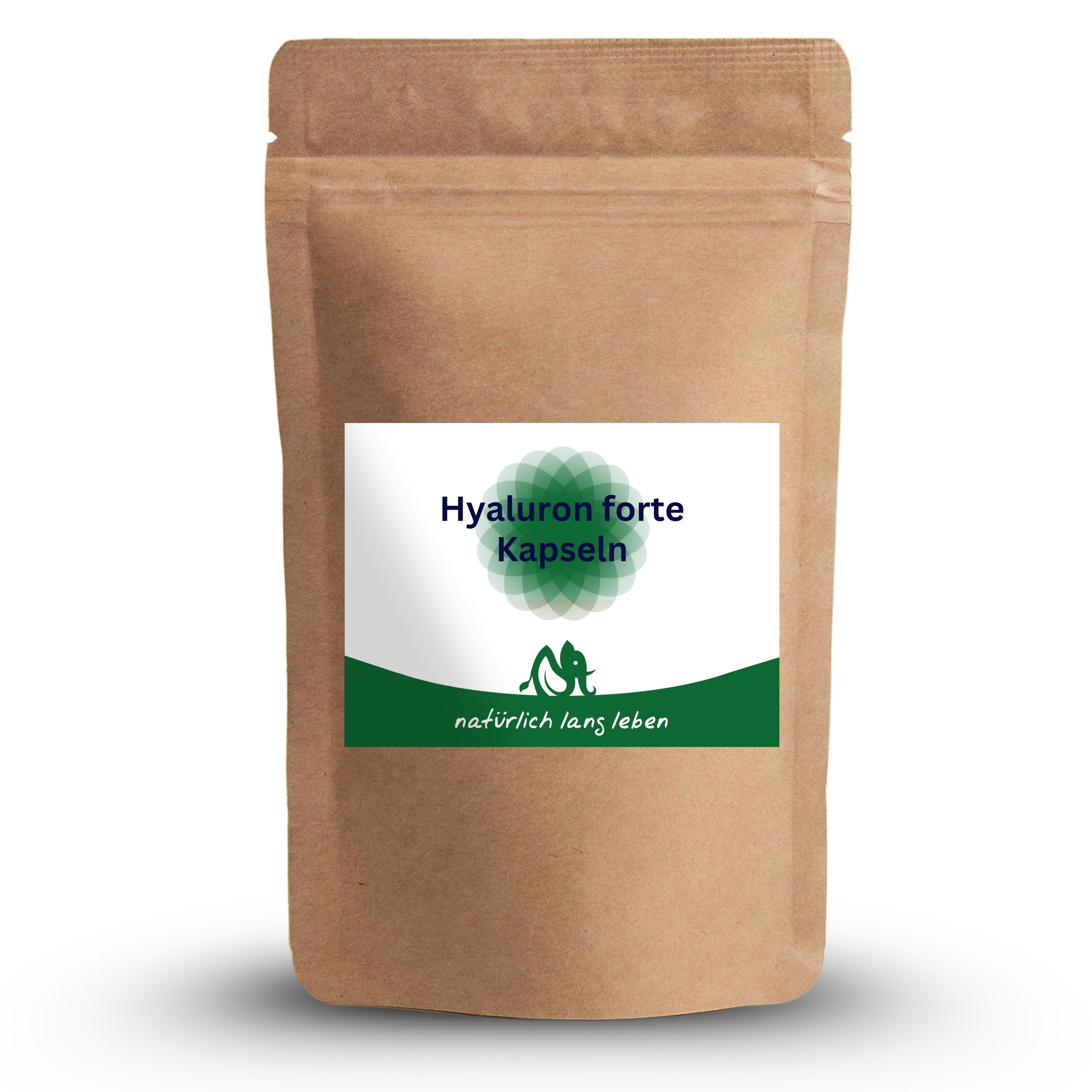 Braune Papierverpackung mit Etikett. Etikett mit grünem Design und Text: Hyaluron forte Kapseln, natürlich lang leben.