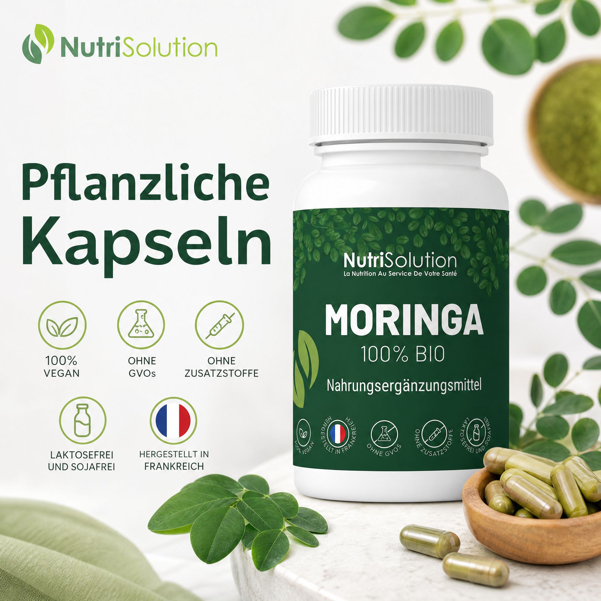 NutriSolution Moringa 100% Bio: Flasche mit pflanzlichen Kapseln. 100% Vegan, Hergestellt in Frankreich. Ohne Zusatzstoffe, GVOs, Laktose, Soja.