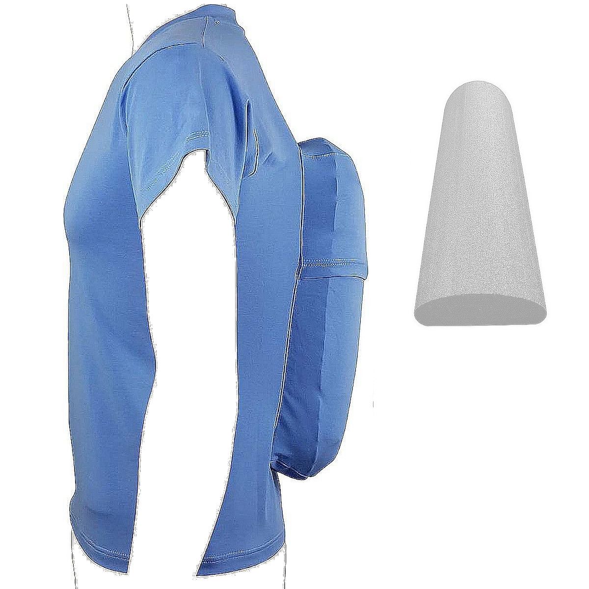 Blaues Shirt mit Schaumstoffpolster. Konische Form. Seitliche Ansicht. Ärmel- und Schulterbereich. Weißer Hintergrund.