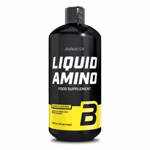 Schwarze Flasche mit gelbem Etikett. Aufschrift "LIQUID AMINO FOOD SUPPLEMENT". Gelbes "B"-Logo.