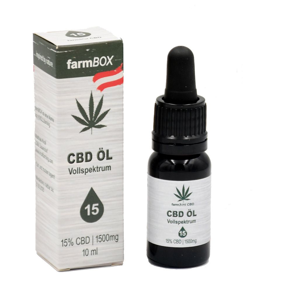 CBD Öl Flasche und Verpackung. Flasche mit Tropfer neben Verpackung. Verpackung mit Logo und Produktinformationen.