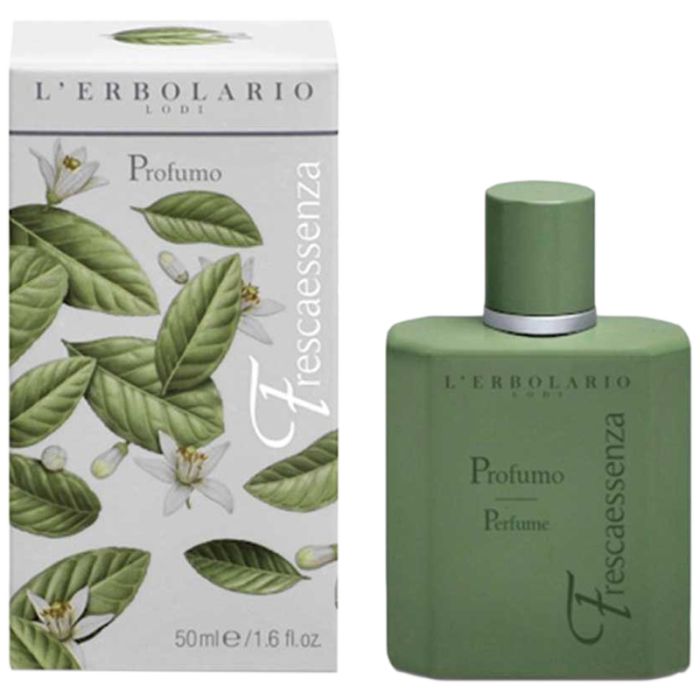 Grüner Flakon und Schachtel. Aufschrift: L'Erbolario, Profumo, Frescaessenza. Abbildung von Blättern und Blüten.