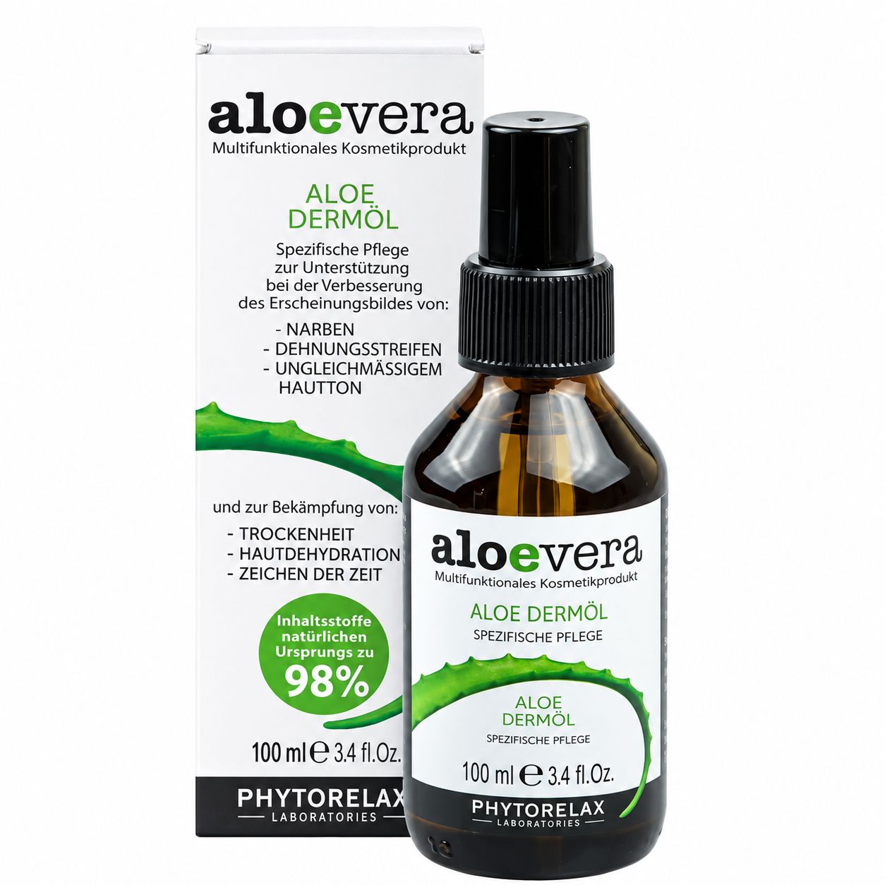 Aloe Vera Aloe Dermöl Sprayflasche mit 100 ml Inhalt und Faltschachtel.