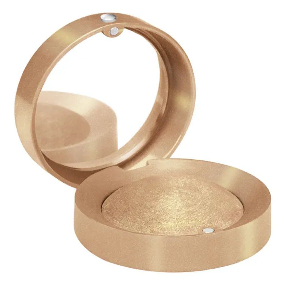 Runder, goldfarbener Lidschattenbehälter mit Spiegel. Offen, mit goldfarbenem Lidschatten. Kleiner runder Behälter.