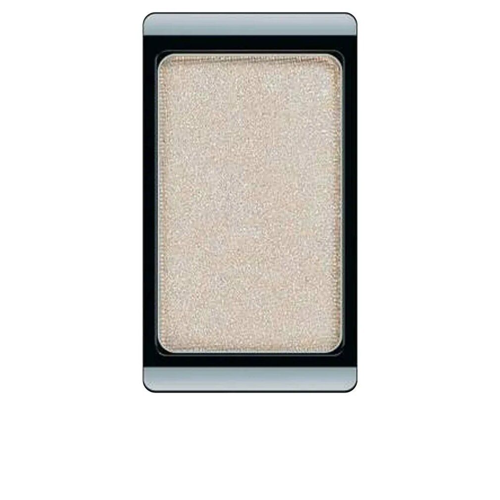 Lidschatten Pearlfarben, rechteckig, hellbeige mit silbernem Schimmer, in schwarzem und silbernem Gehäuse.