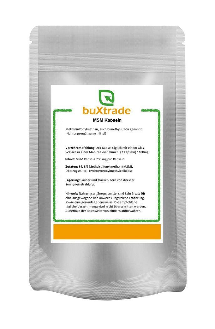 Beutel mit weißem Hintergrund. Aufkleber mit grünem Rahmen und Text: buXtrade MSM Kapseln. Enthält Informationen zu Inhaltsstoffen und Dosierung.