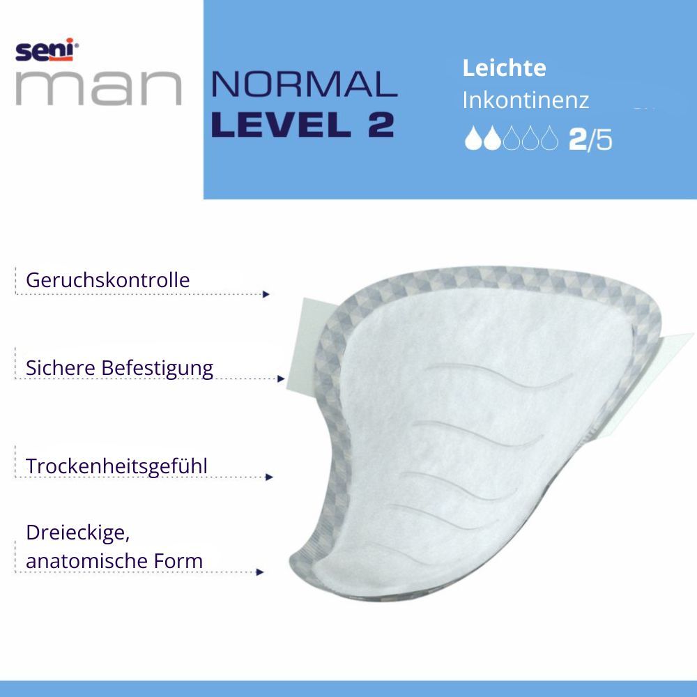 Inkontinenzeinlage Seni Man Normal Level 2. Anatomische Form. Produktmerkmale: Geruchskontrolle, sichere Befestigung.