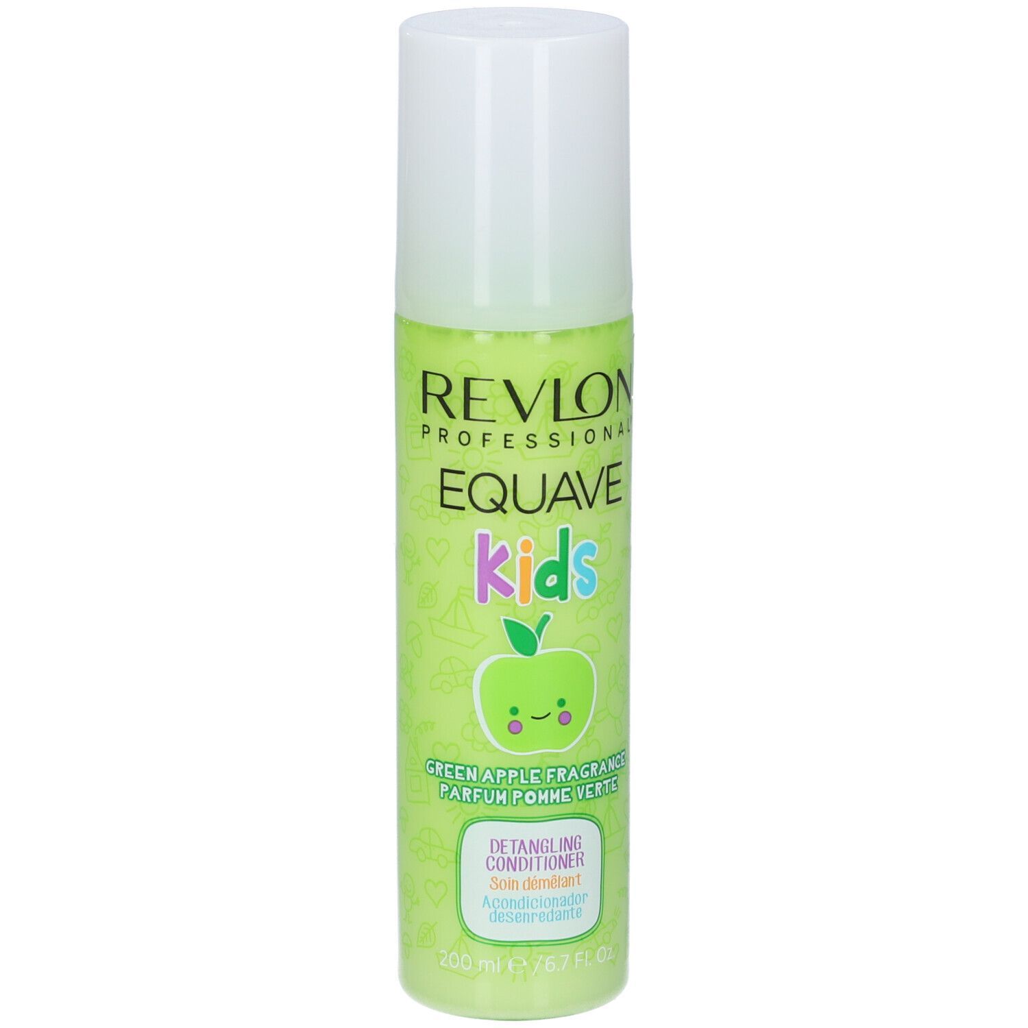 Grüne Flasche mit weißem Deckel. Aufschrift: Revlon Equave Kids Detangling Conditioner. Apfel-Design.