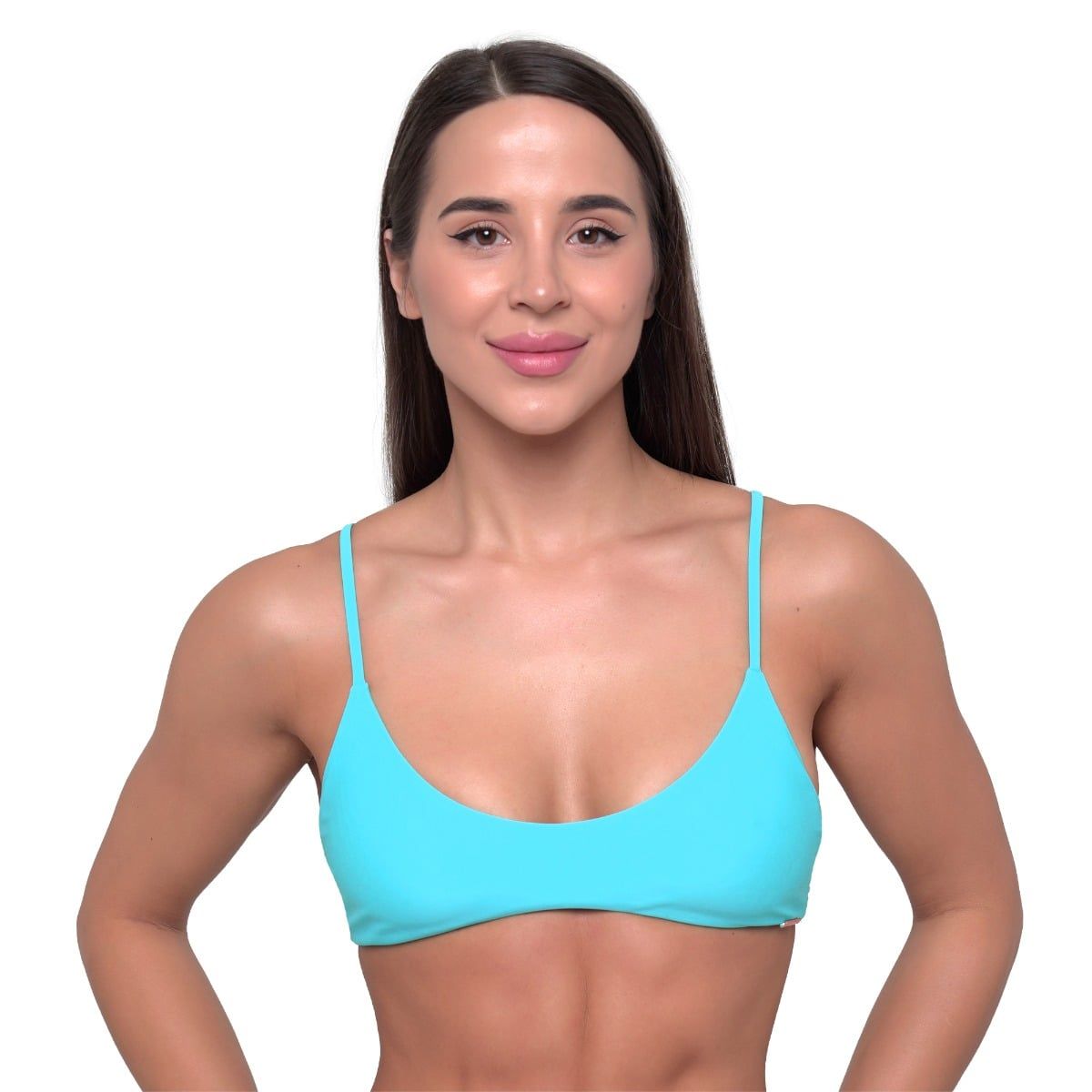 Aqua Bikini-Oberteil mit verstellbaren Trägern und U-Ausschnitt, von vorn gezeigt.