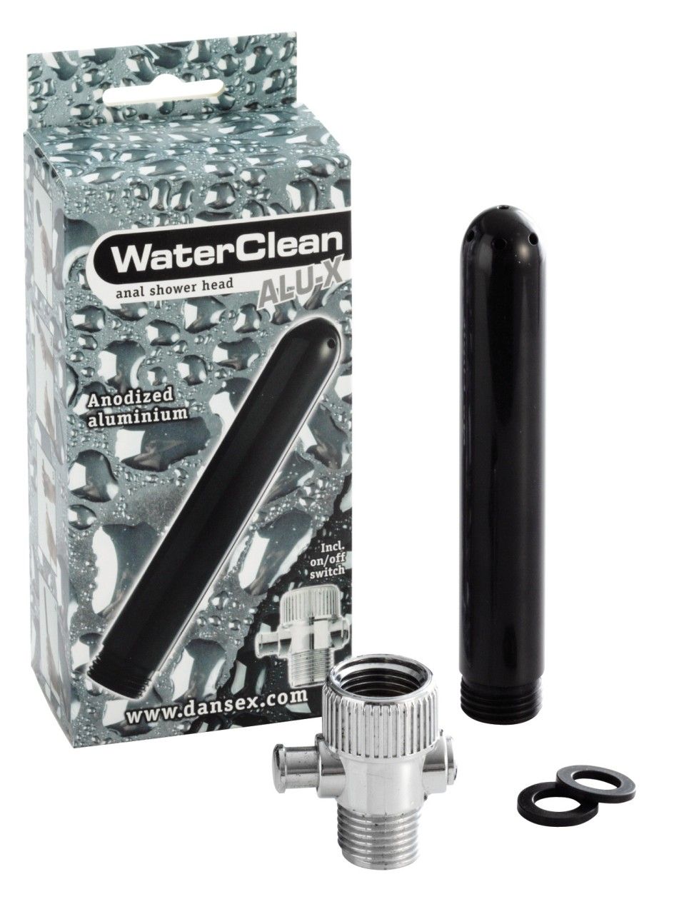 Dansex WaterClean ALU-X Anal Dusche, Aluminiumrohr, Anschlussstück mit Schalter und Dichtungen.