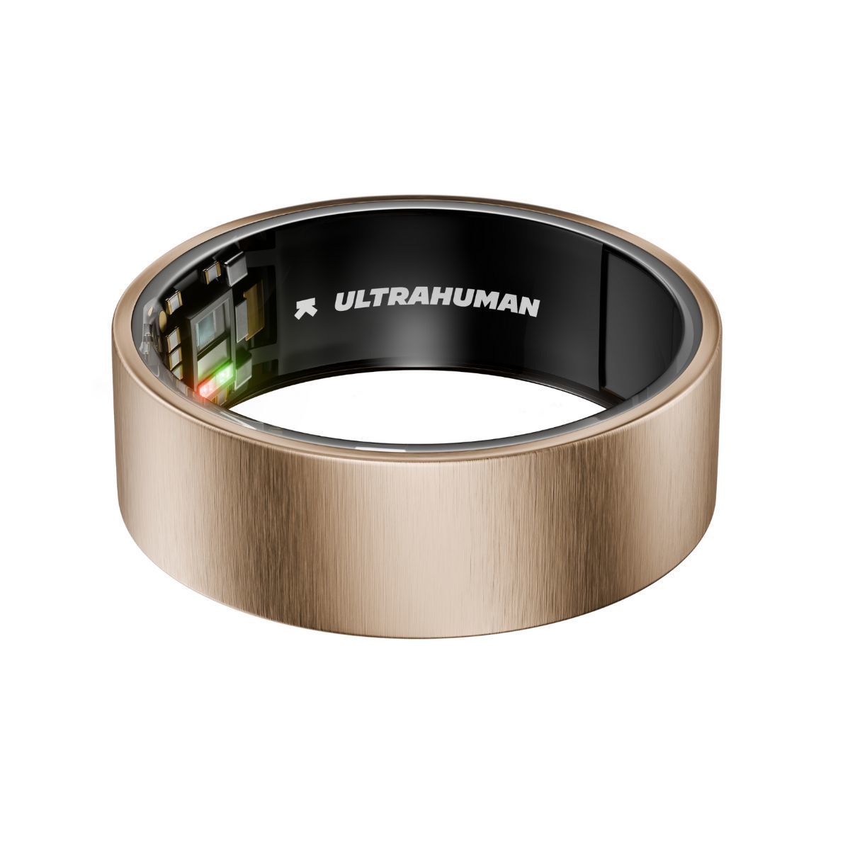 Goldfarbener Ring. Innenliegend Elektronik mit Schriftzug ULTRAHUMAN. Grün leuchtende LED.