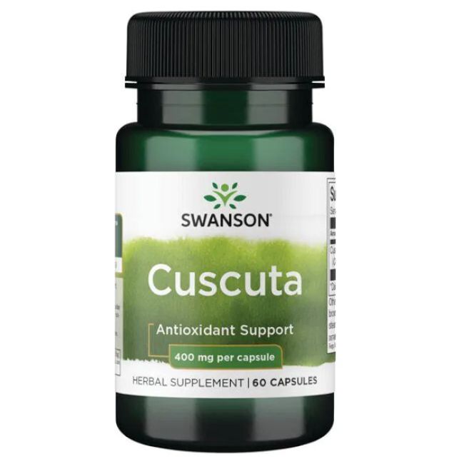 Grüne Flasche mit schwarzem Deckel. Aufschrift: SWANSON Cuscuta, Antioxidant Support, 400 mg pro Kapsel, 60 Kapseln.
